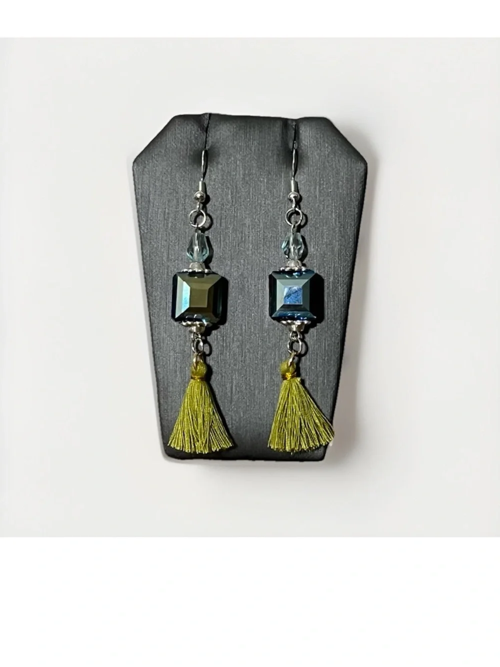 Handcrafted Iridescent Crystal Cube Dangle Earrings Olive Green Tassel Boho